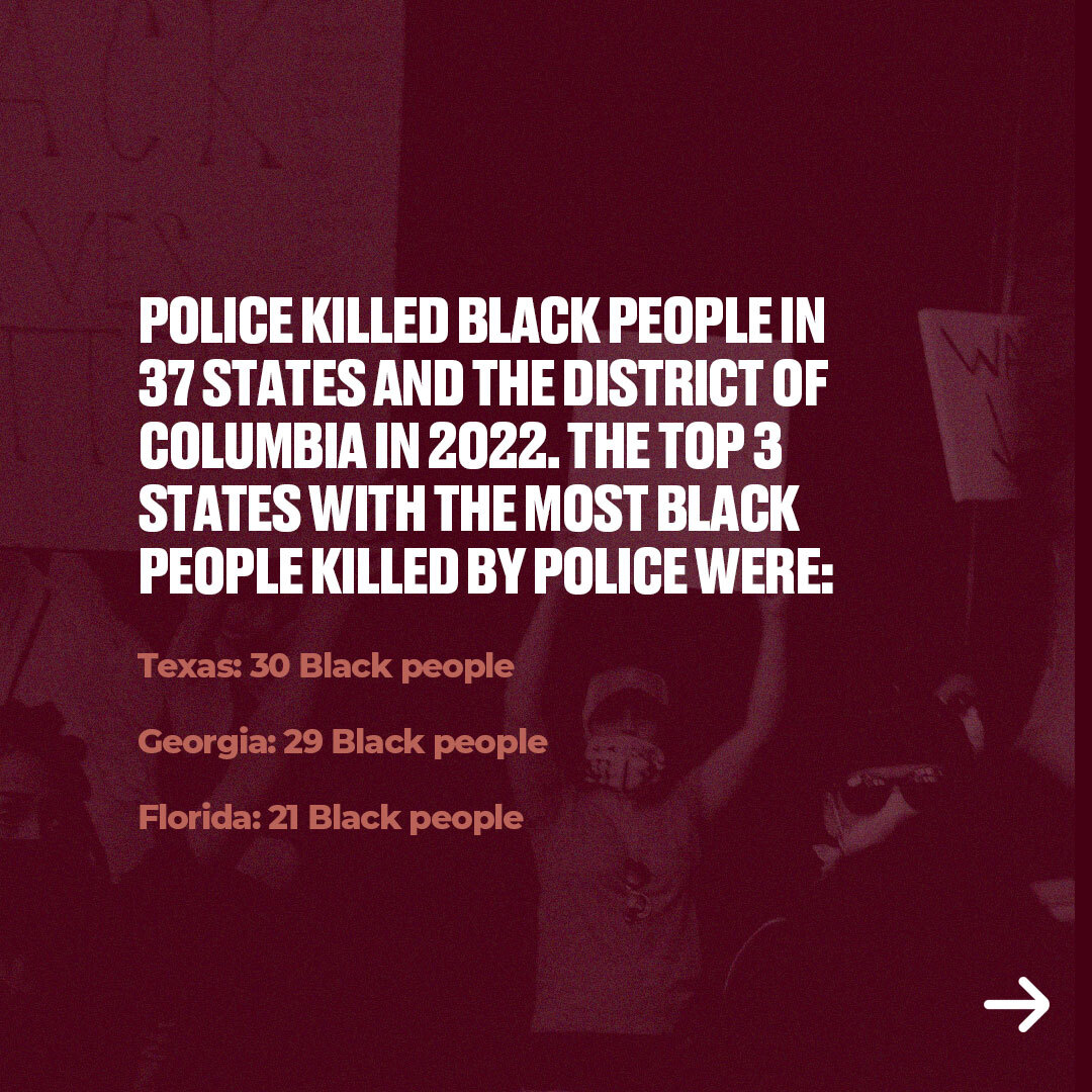 LeapAction's tweet photo. Black people deserve to live without fear of police violence. It's heartbreaking that 276 Black people were killed by police in 2022. 

We demand accountability for these injustices. The killing of Black people by police must end. We deserve healing and justice. #LEAPaction https://t.co/NUad6CdZsm