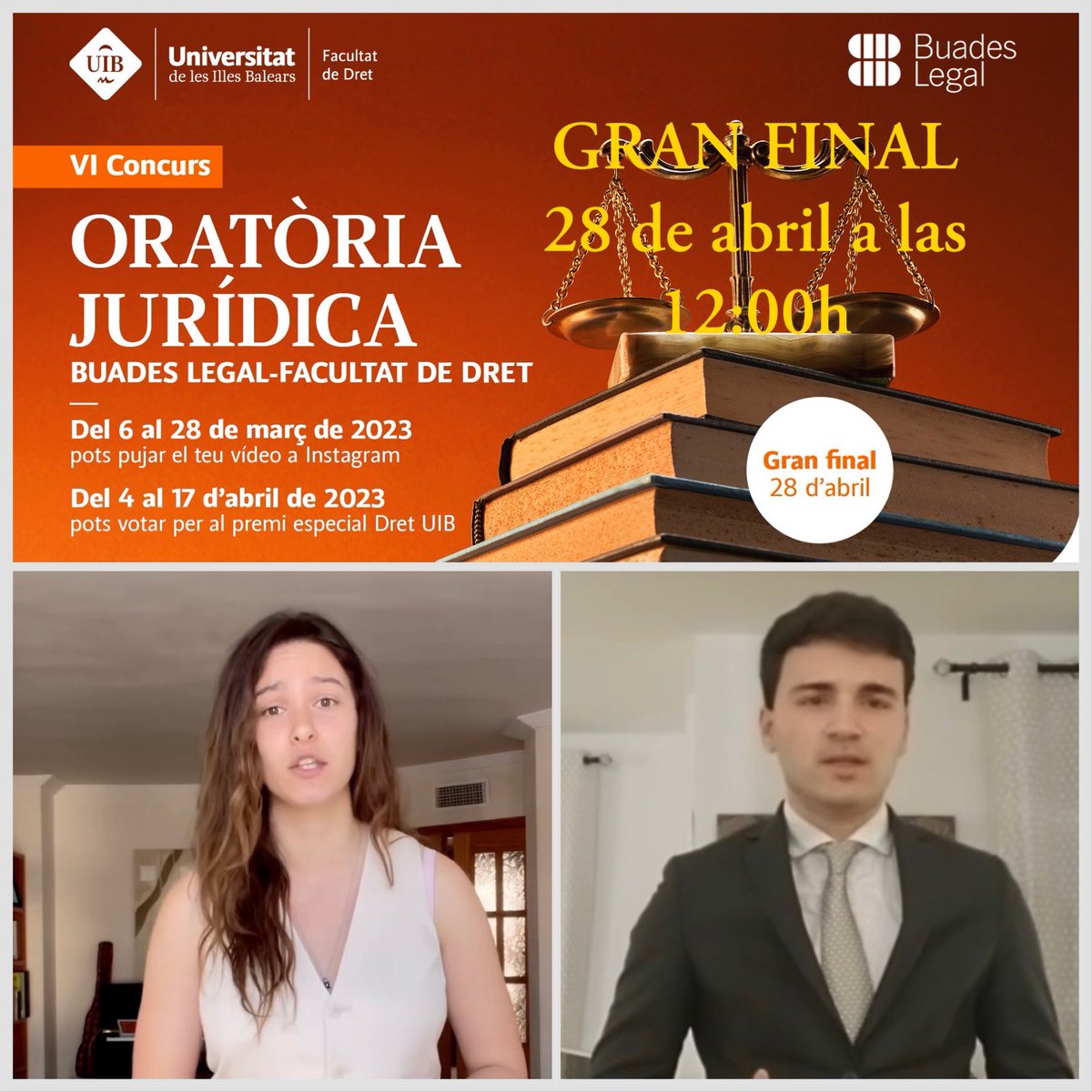 🏆Enhorabuena a Aina Carlota Juárez Chinchilla (<a href="/Charlie_Orph28/">Aina Carlota</a>) y a Marc Gómez Villalonga (<a href="/MarcGV21/">MGV</a>), pues disputarán la GRAN FINAL del VI Concurso <a href="/BuadesLegal/">Buades Legal</a> @derechouib Nos vemos el viernes 28 de abril,12:00h,en la Sala de Vistas @derechouib para disfrutar del gran evento.