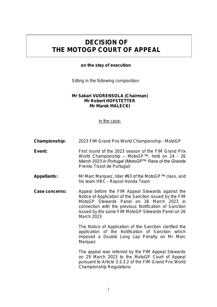 FIMDocs's tweet image. Decision of the MotoGP™ Court of Appeal - Marquez and HRC - REPSOL HONDA TEAM

Published at: 2023/04/13

fim-moto.com/fileadmin/user…

#FIM #FIMfamily #GrandPrix #MotoGP