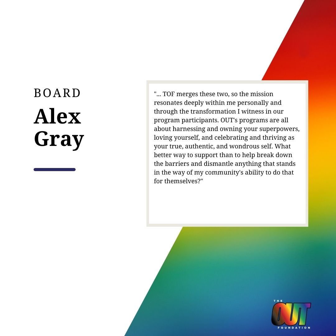theoutfdn's tweet photo. Cheers to Board Secretary, Alex Gray ✨

Let’s continue the work to break down the barriers that keep LGBTQ+ individuals and youth from being their authentic selves and finding community that supports and empowers that sense of self in fitness and wellness spaces! https://t.co/DRXg9Y72yd