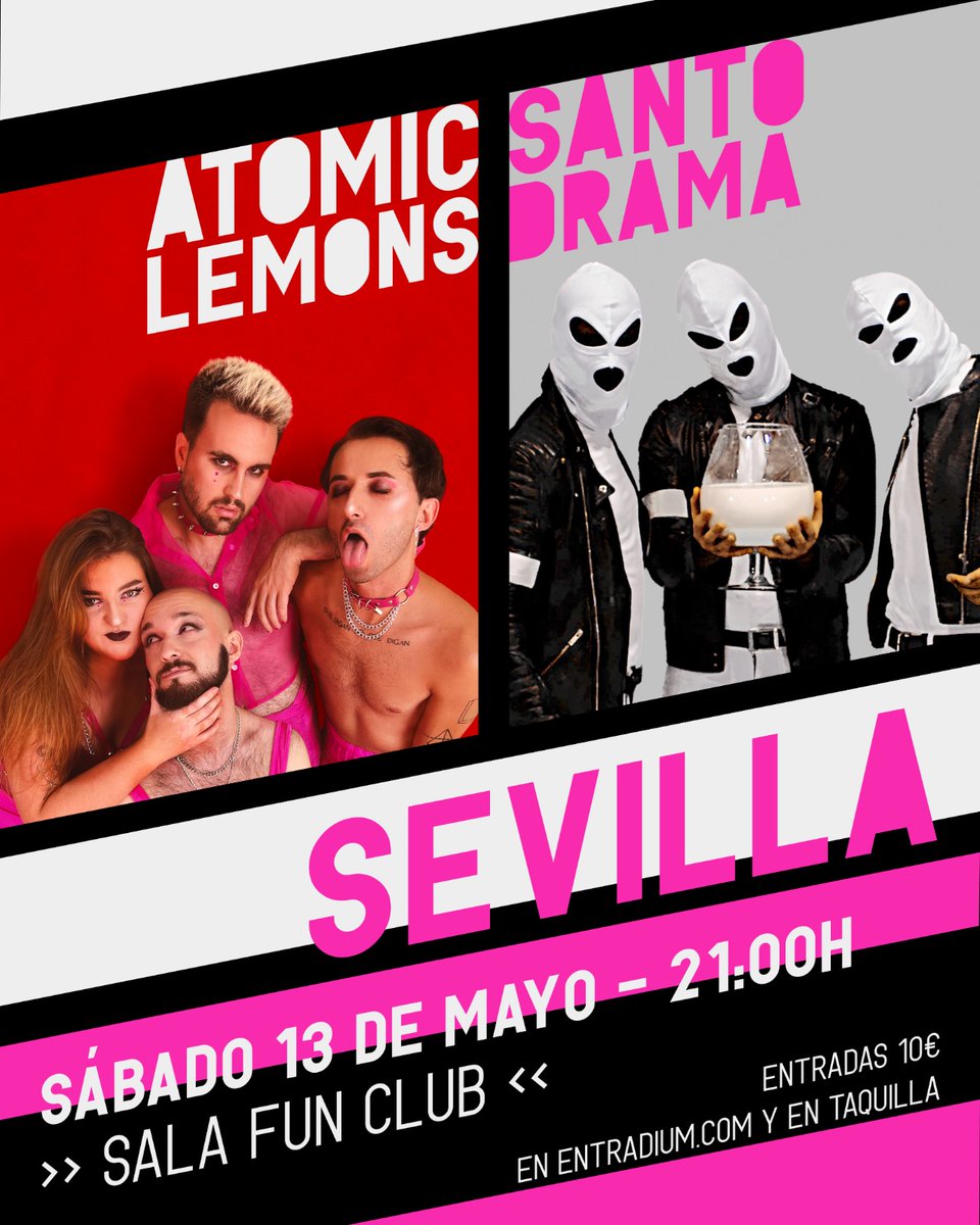 Que <a href="/boseofficial/">Miguel Bosé</a> nos perdone pero vamos a mancillar también la ciudad de #Sevilla con nuestros compañeros <a href="/atomiclemons_/">Atomic Lemons</a>  y no tocamos en #triana si no en <a href="/FunClubSevilla/">FunClub Sevilla</a> 
Entradas aquí:
entradium.com/es/events/sant…