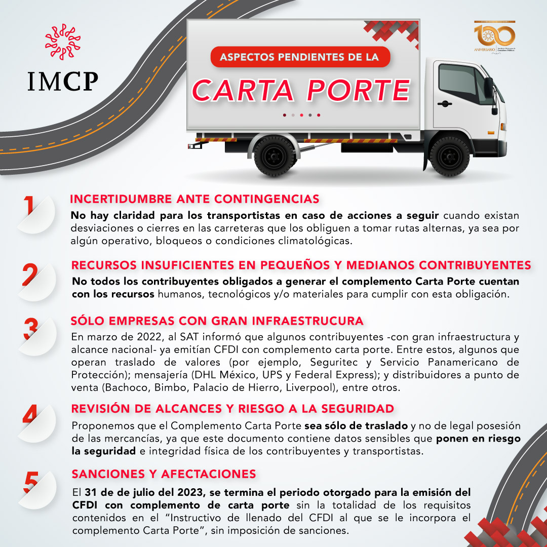 IMCP's tweet photo. En el #IMCP consideramos que aún hay aspectos que analizar y áreas de mejora relacionadas con la implementación del #ComplementoCartaPorte. Aquí te los explicamos. https://t.co/dx7cLGe0rj