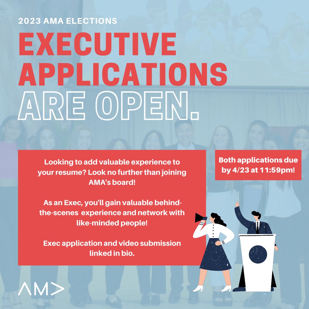 Ever thought about running for e-board?

Joining the fAMAly will give you connections, invaluable experience, and the chance to practice what you learned in classrooms in a real-world setting.

Election applications and video submissions linked in IG bio till 4/23 at 11:59pm!