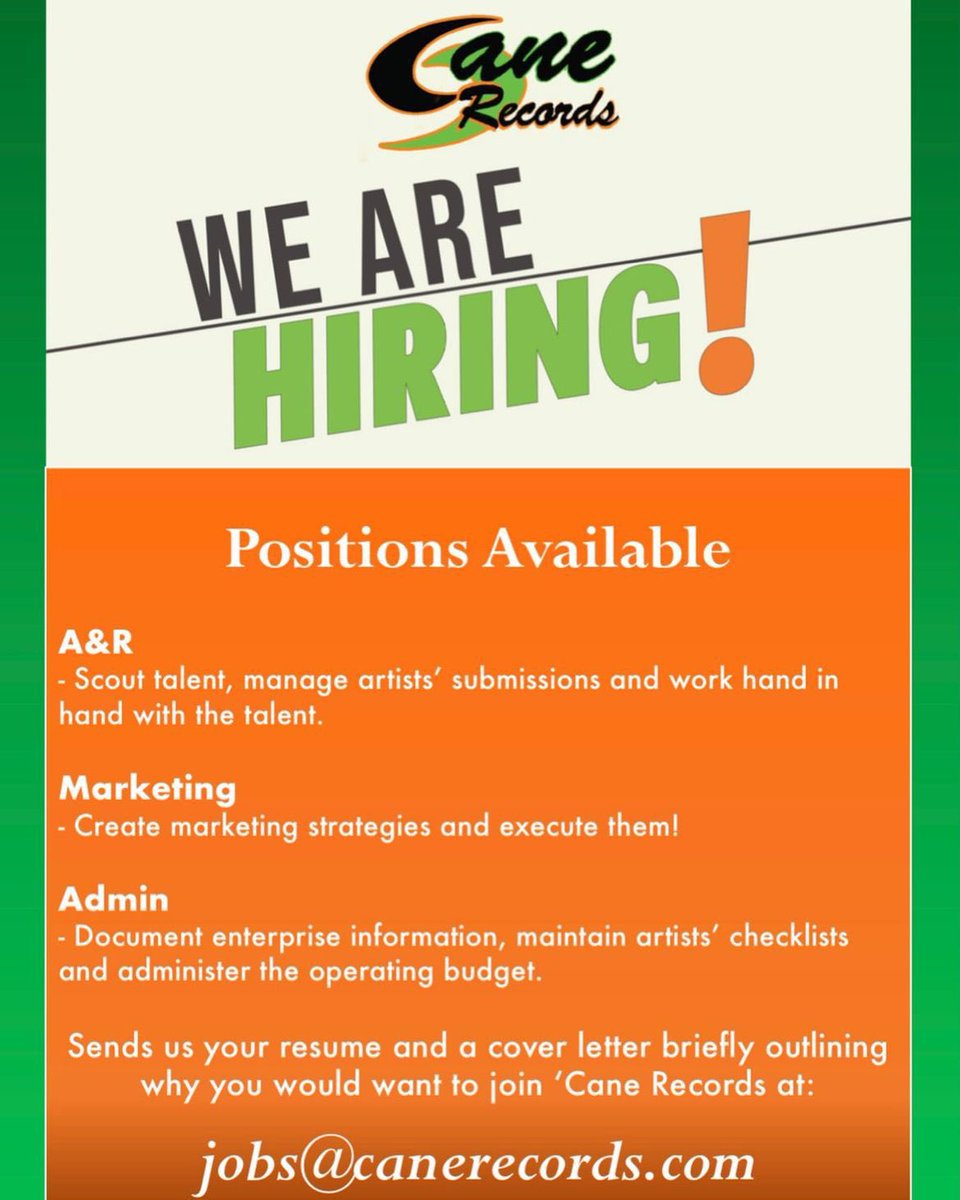 ‘Cane Records is hiring! 🎶

Send your resume, cover letter, and why YOU want to join our team to jobs@canerecords.com 🙌🔥✨

‼️ALL APPLICATIONS DUE MAY 2ND‼️