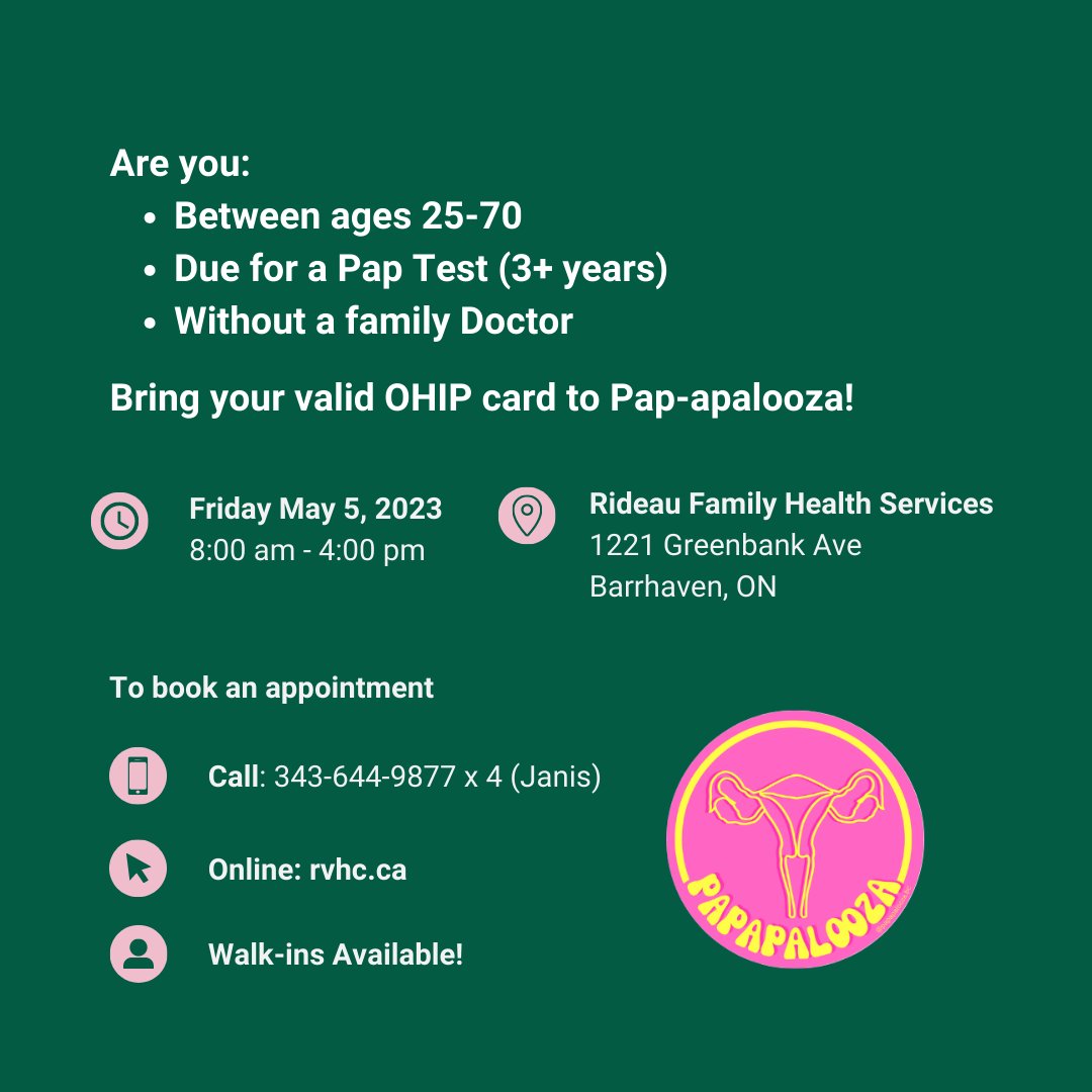 PPOttawa's tweet image. 📣Public Cervix Announcement!📣

#Ottawa! Rideau Family Health Services is hosting the ultimate pap party - #Papapalooza! Get your pap on and prioritize your #cervicalhealth!