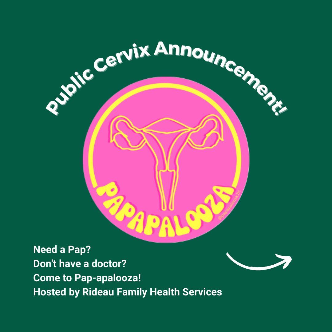 PPOttawa's tweet image. 📣Public Cervix Announcement!📣

#Ottawa! Rideau Family Health Services is hosting the ultimate pap party - #Papapalooza! Get your pap on and prioritize your #cervicalhealth!
