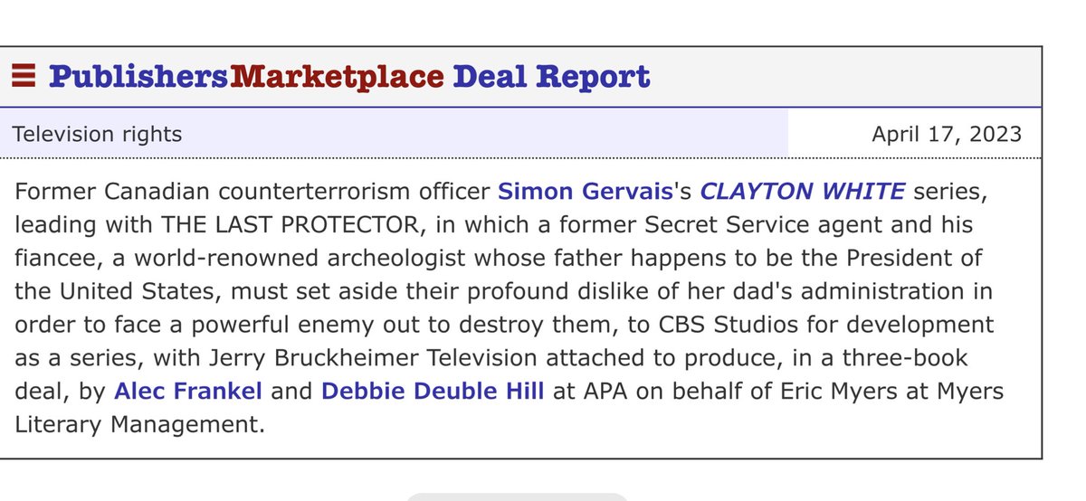 GervaisBooks's tweet image. I’m thrilled to be sharing this exciting news with you all! There’s no doubt in my mind that the teams at Jerry Bruckheimer TV and CBS Studios are the perfect match to bring my Clayton White series to the screen. @THR @TheRealBookSpy @BestThrillBooks #TheLastProtector