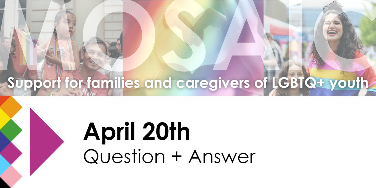 Are you looking for resources to help you support your rainbow child? Join us for the final meeting of Mosaic- a support group for parents and caregivers of LGBTQ+ youth! April 20th topic: Question and Answer Register at SMYAL.org/mosaic