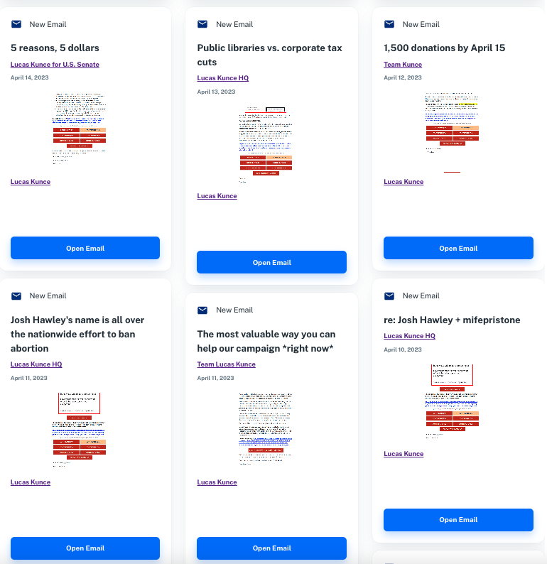 PunditAnalytics's tweet photo. @KCStar Since election day 2022, Kunce has sent 100 fundraising emails. We have the receipts. 

Examine the fundraising emails that allowed Kunce to have an impressive haul in #MOSEN:
https://t.co/a7eviMzJq1 https://t.co/m0Xp9yZt9S