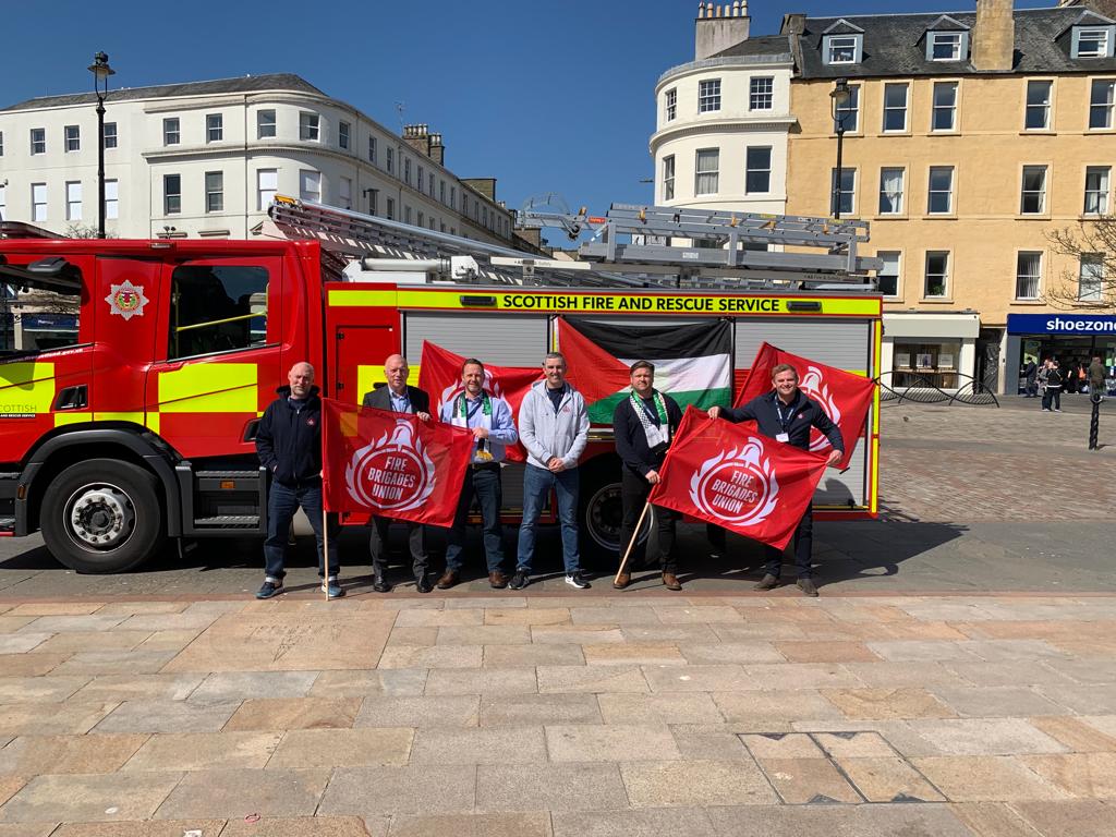 Great to welcome our General Secretary back to Scotland. Joining our delegation to #STUC23. We've secured the donation of a replacement fire appliance for firefighting comrades in Palestine. #internationalsolidarity