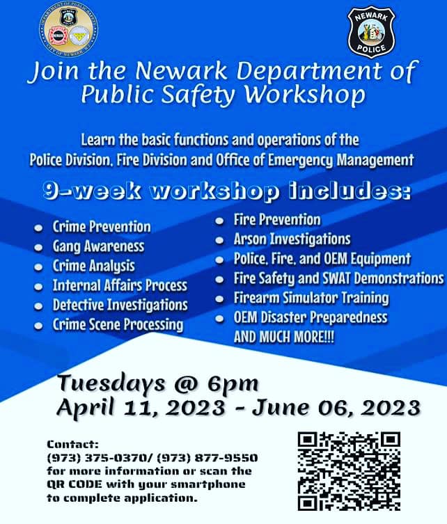 The Newark Department of Public Safety is hosting its Citizen Clergy Public Safety Workshop each Tuesday from April 11-June 6, 2023. To learn more and sign up, click: bit.ly/3A6QMtd