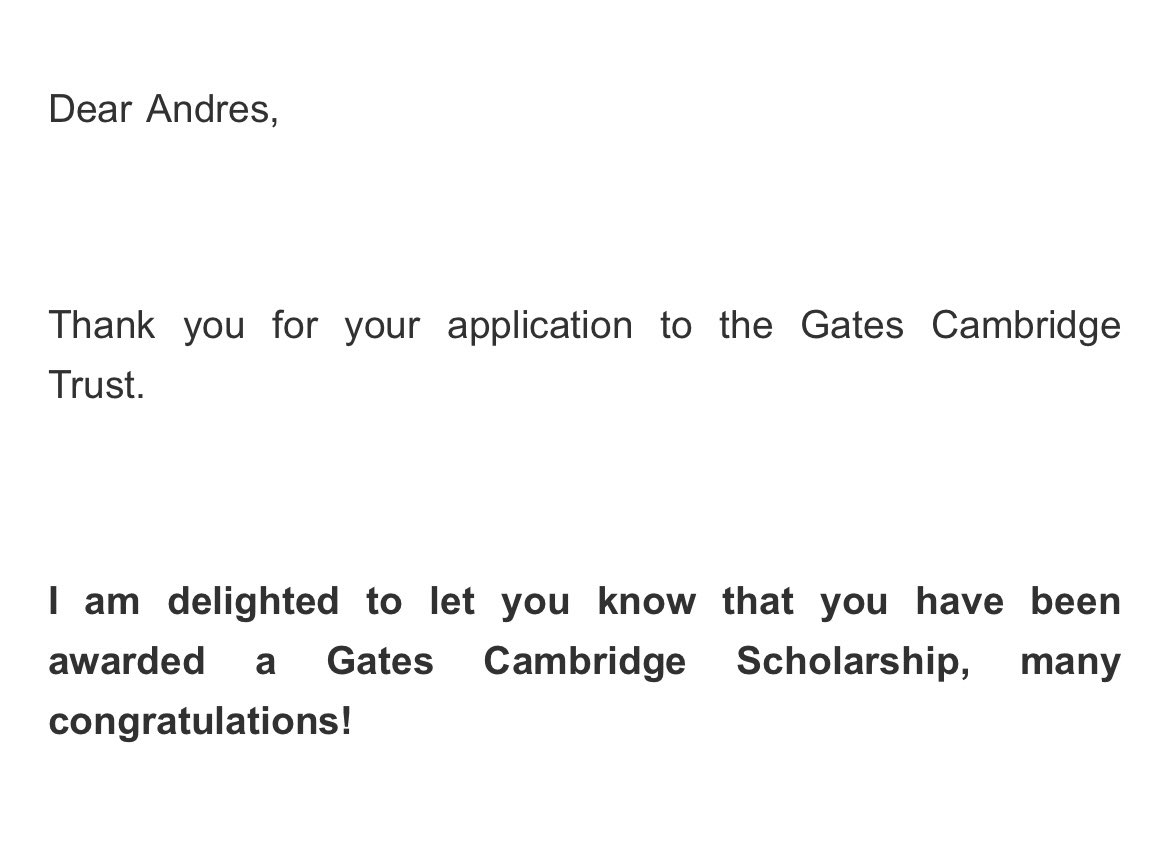 AndresRuoj's tweet image. Cada año, @Gates_Cambridge beca a ~70 estudiantes de todo el mundo para estudiar un posgrado en @Cambridge_Uni. Yo soy afortunado porque este año fui una de las personas seleccionadas y a partir de octubre regresaré a Cam a estudiar un PhD en Política y Estudios Internacionales.