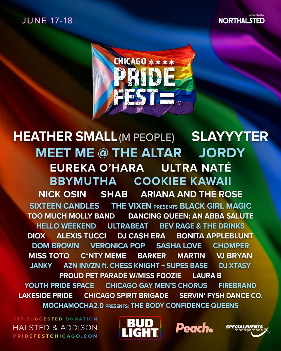 #ChicagoPrideFest 2023 Lineup Announced! Ft. @MPeopleHeatherS @slayyyter @MMATAband @JORDYMUSIC @eurekaohara @ultranatemusic @bbymutha @cookieekawaii 
northalsted.com/latest-news/pr…
