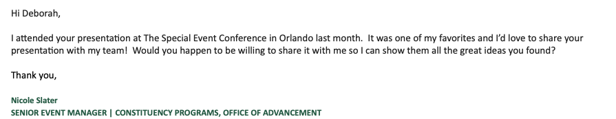 eventideaguru's tweet photo. Always nice to receive positive feedback on my session The Wow Factor. Presented at The Special Event in Orlando. #eventplanner #speakaboutevents #eventideas #thespecialevent https://t.co/AKE5PHzBSm