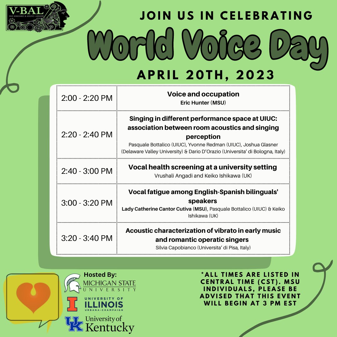 MSUComSciDis's tweet photo. Join us in celebrating World Voice Day on Thursday, April 20th from 3 pm to 4:40 pm (EST). MSU in collaboration with our listed colleagues invites you to join us for this free symposium! For the Zoom Link, please email us at: wvoiceday.uiuc@gmail.com . https://t.co/Ekf7ervoxG