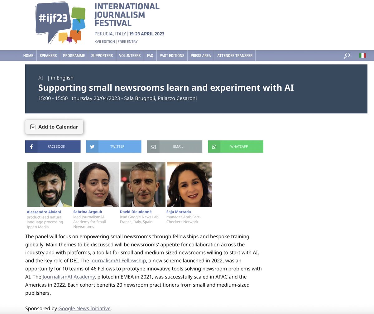 سأتحدث يوم 20 أبريل مع <a href="/DavidDieudonne/">David Dieudonné</a> من <a href="/GoogleNewsInit/">Google News Initiative</a> و <a href="/SabrinaArgoub/">Sabrina Argoub</a> من <a href="/PolisLSE/">Polis@LSE</a> و 
@alealviani من <a href="/ippenmedia/">IPPEN.MEDIA</a> في جلسة ضمن مهرجان الصحافة الدولي
انضموا الينا في <a href="/journalismfest/">International Journalism Festival</a> لنتحدث عن الذكاء الاصطناعي في غرف الأخبار الصغيرة وتجربة <a href="/ARIJNetwork/">Arab Reporters for Investigative Journalism</a> 
Join us at #IJF23 to talk