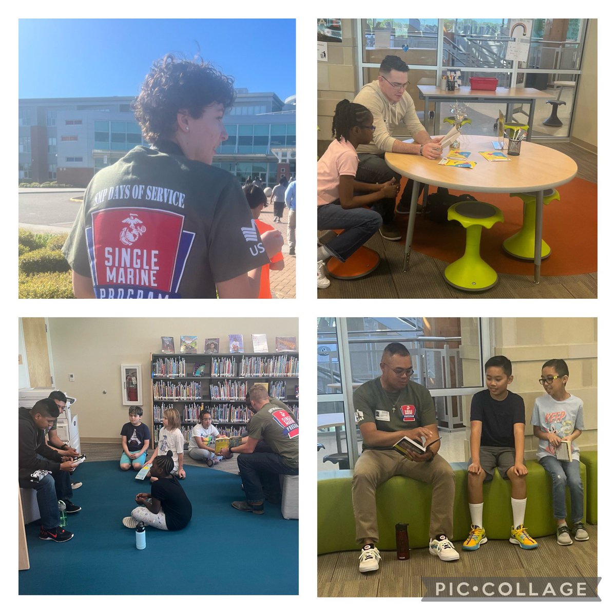 BrickellAcademy's tweet photo. We are having the best day with our @USMC #readingbuddies who were kind enough to share their #SMPDaysofService with us in the library! They have been getting to know our students and of course reading all day! The kids said, “this was so much fun!” #HoneygroveFamily @vbschools https://t.co/y7zhETIuVm