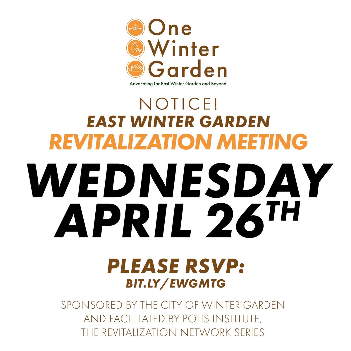 OneWinterGarden's tweet photo. If you have not seen yet, the City of WG is hosting the next East Winter Garden Revitalization mtg! It will be facilitated by the Polis Institute and held at Healthy West Orange.

April 26th at 2:30 pm, please RSVP with them below!
https://t.co/S1UzgtDYEQ https://t.co/PIjuNvaIwO