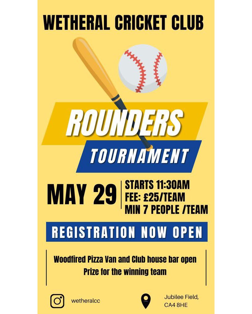 Wetheral CC Social Rounders

There is a Limited number of teams so register quick if you’re interested! 

Message our socials to register with your team name and contact details and we can send over our bank details to organise payment.