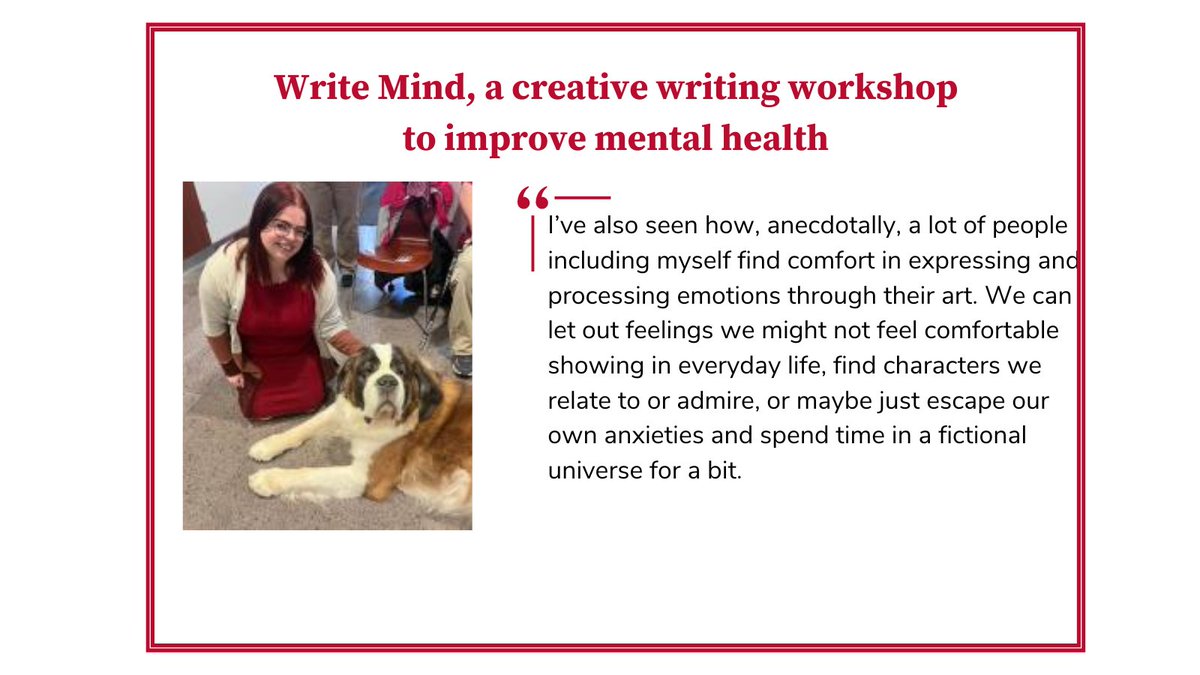 Learn more about English alum Christina Szuch’s creative writing workshop for <a href="/OSUCCS/">CCS OhioState</a>, which helps student attendees explore the mental health benefits of creative writing! bit.ly/419E4Wd