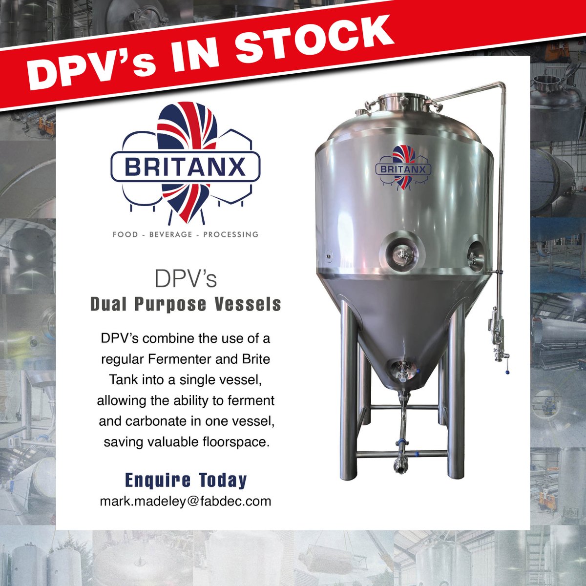 Britanx_'s tweet photo. LAST FEW STOCK DPVs REMAINING
Only a few manufactured DVP’s left in stock!
10, 20 & 30HL’s available ready for immediate delivery.
Please contact mark.madeley@fabdec.com for more information.
#DPV #unitank #fermentation #conicalfermenter #craftnotcrap #beer #brewery #ukmfg https://t.co/xqAyfhvmZ0