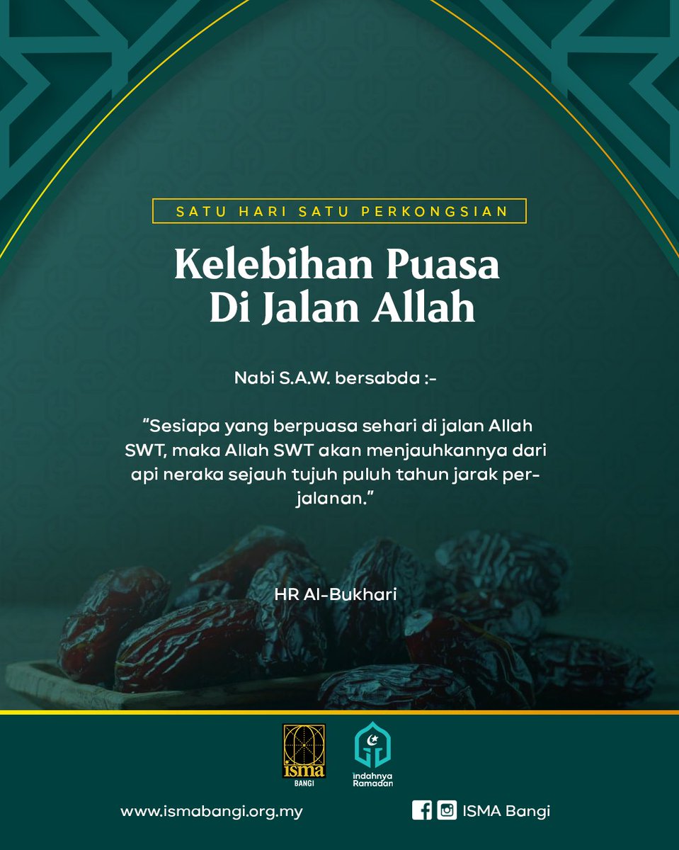 isma_bangi's tweet photo. Antara kelebihan berpuasa yang dilakukan dengan ikhlas adalah dijauhkan daripada api neraka sejauh tujuh puluh tahun jarak perjalanan.

#IndahnyaRamadanDiraiBersama https://t.co/yIkCot6Fwp