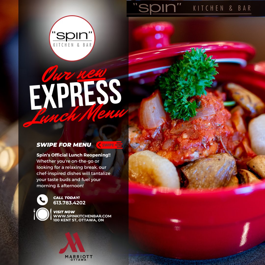 OttawaMarriott's tweet photo. The Express Lunch Menu is back at SPIN KITCHEN! Plus, our full ร la carte menu is also available with even more delicious options to choose from! Come visit us today!! #ExpressLunch #SpinKitchen #OttawaMarriott https://t.co/pap5OctKR8
