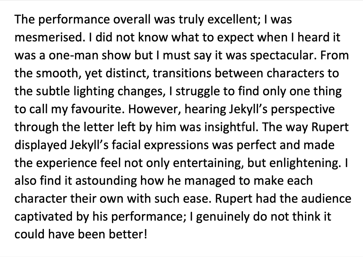 TheatreRedheart's tweet photo. Lovely feed back for Jekyll & Hyde from a student at SCGSG @Team_English1 @LitdriveUK @EngChatUK #educhat #teamenglish #bringittolife #ks4english #ks3english https://t.co/svNbjVuR6R