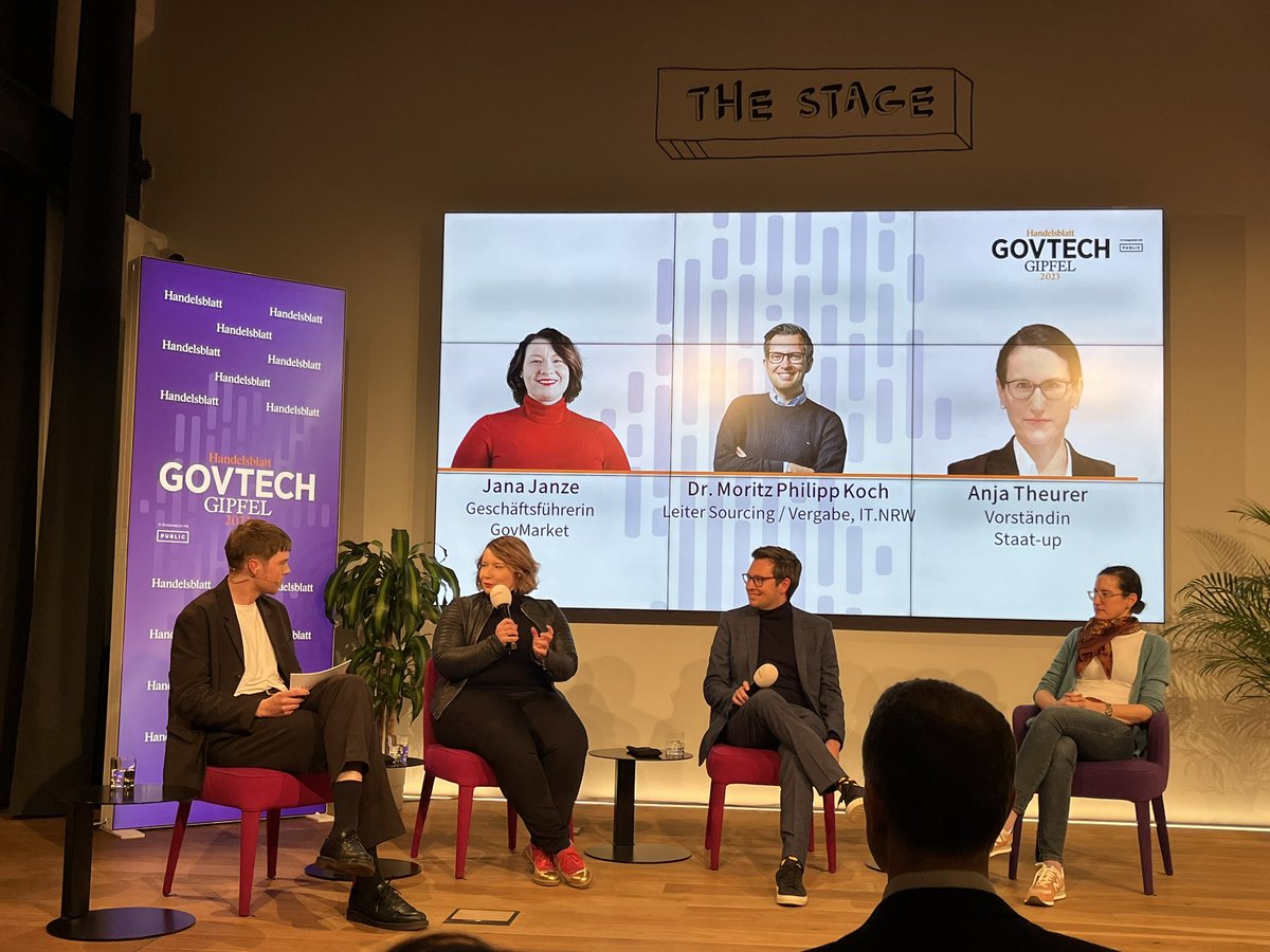 IbrahimKoeran's tweet image. Anja Theurer von Staat-up e.V., Dr. Moritz Philipp Koch, Leiter Vergabe @ITNRW &amp;amp; @JanaJanze von @GovMarket_DE sind sich einig, dass es keiner Novellierung des Vergaberechts bedarf, sondern der mutigen Ausschöpfung bestehender Instrumente. @GovGipfel  #GovTechGipfel #HBGovTech