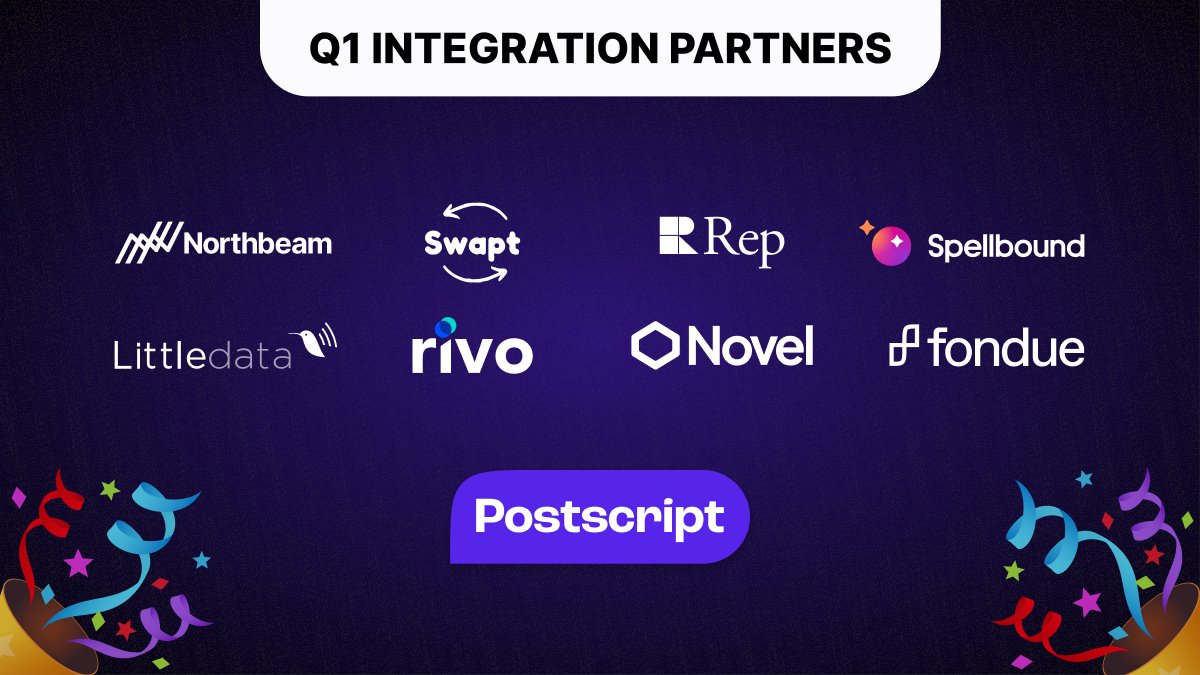 PostscriptIO's tweet photo. Q1 integrations were poppin’ at Postscript 🍿

Hyped to add 8 great tech partners to the mix, giving our merchants even more ways to crush their targets this year 💪

@northbeam @swaptqr @spellboundio @littledatauk @rivocommerce @get_fondue @createwithnovel @TeamRepAI https://t.co/K7FCqrQfNW