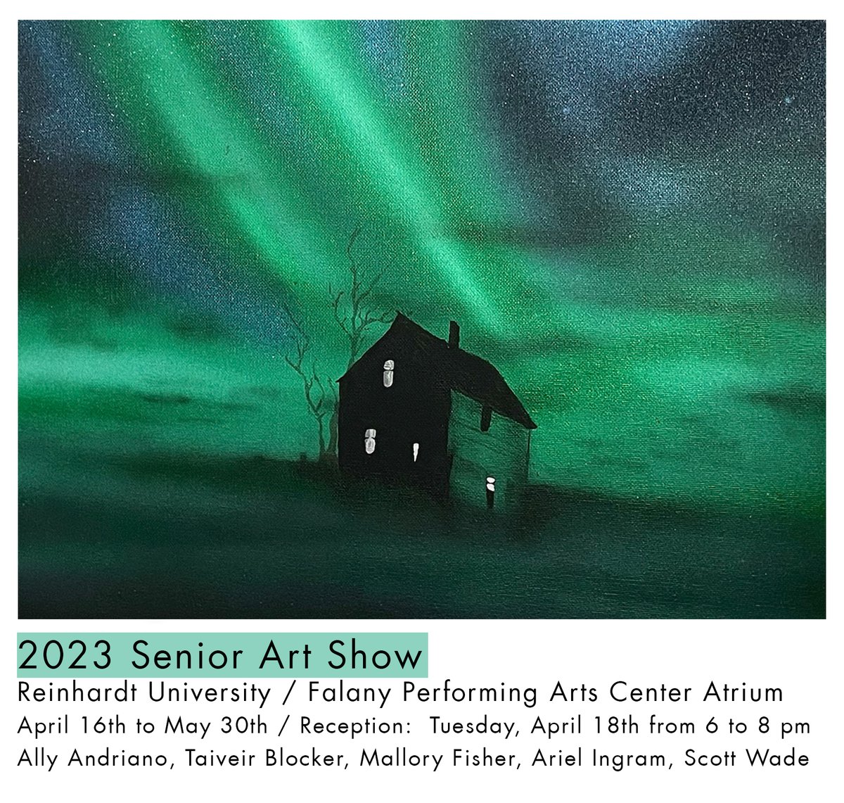 Tonight! All are invited to a reception with Reinhardt University's senior artists and see their work on display. 6pm at Falany.