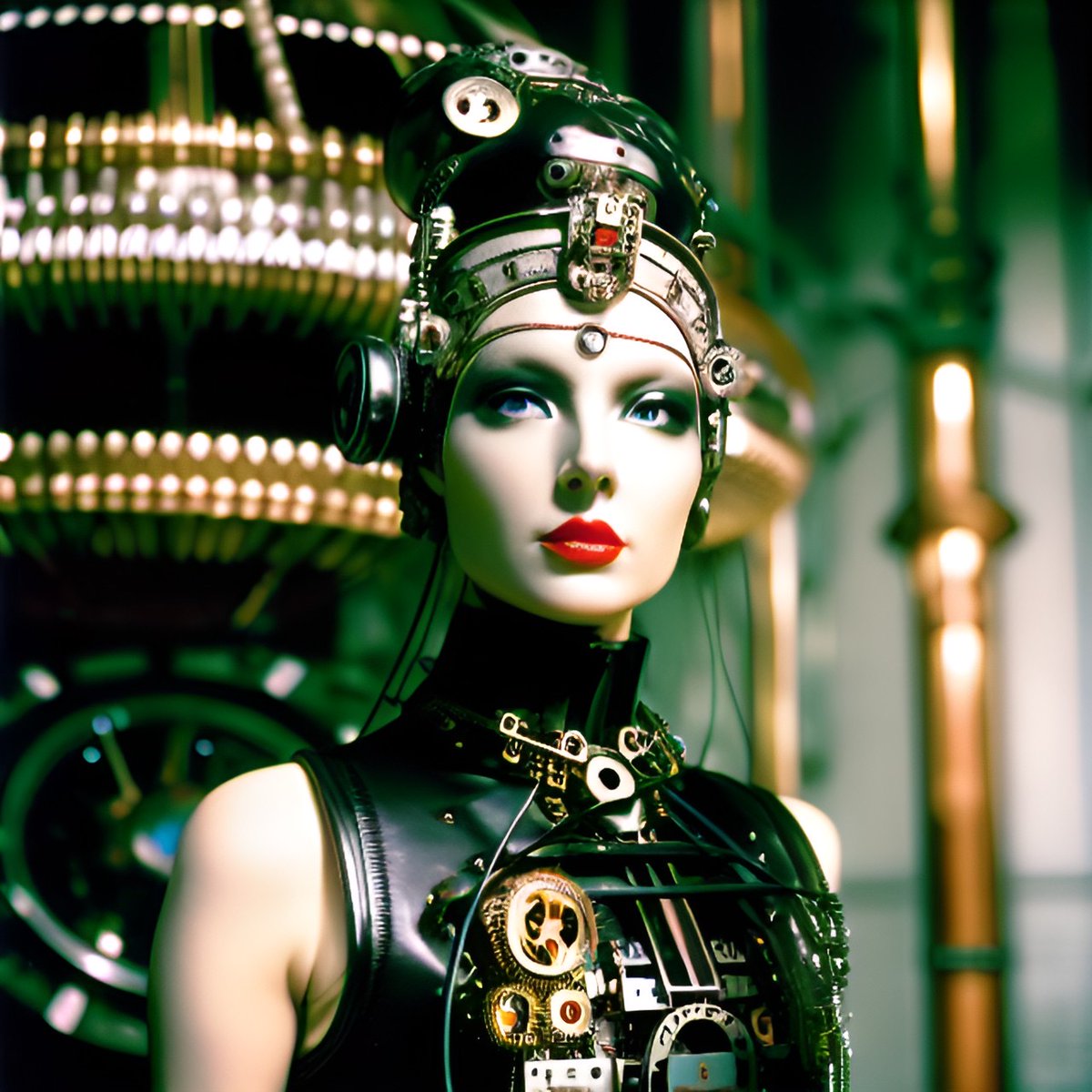 AArtshow's tweet photo. Clockpunk. Like steampunk, but with a more vintage look and โolderโ technology. #ai #aiart #aigenerated #aigeneratedart #dreambywombo #cyborg #femalecyborg #clockpunk #aartshow https://t.co/ATKDpfnuiI