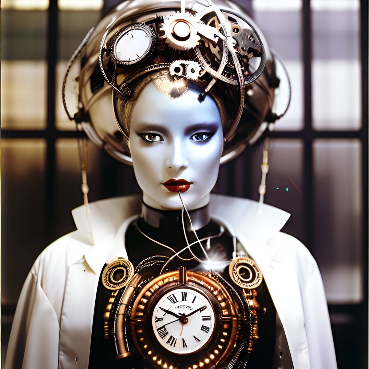 AArtshow's tweet photo. Clockpunk. Like steampunk, but with a more vintage look and โolderโ technology. #ai #aiart #aigenerated #aigeneratedart #dreambywombo #cyborg #femalecyborg #clockpunk #aartshow https://t.co/ATKDpfnuiI