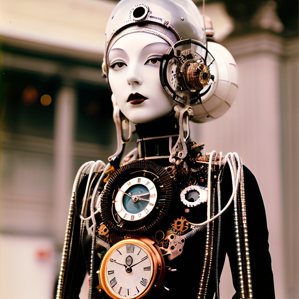 AArtshow's tweet photo. Clockpunk. Like steampunk, but with a more vintage look and โolderโ technology. #ai #aiart #aigenerated #aigeneratedart #dreambywombo #cyborg #femalecyborg #clockpunk #aartshow https://t.co/ATKDpfnuiI