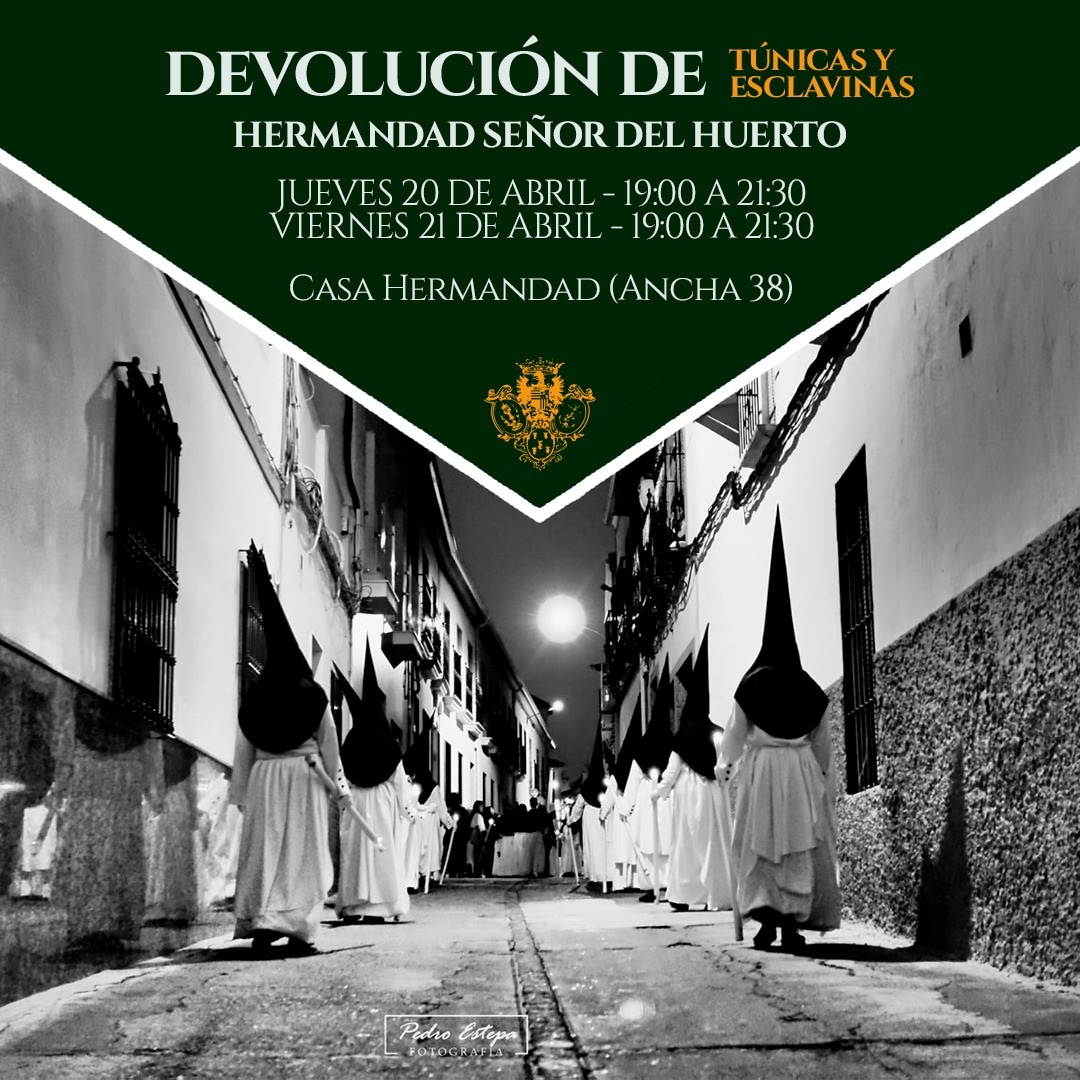 𝐃𝐄𝐕𝐎𝐋𝐔𝐂𝐈𝐎𝐍 𝐃𝐄 𝐓𝐔𝐍𝐈𝐂𝐀𝐒 𝐘 𝐄𝐒𝐂𝐋𝐀𝐕𝐈𝐍𝐀𝐒 | 

Se va a proceder a la recogida de túnicas y esclavinas prestadas por la Hermandad los días:
-Jueves 20 de 19 a 21:30
-Viernes 21 de 19 a 21:30

Dicha entrega se realizará en la Casa Hermandad (C/Ancha 38)