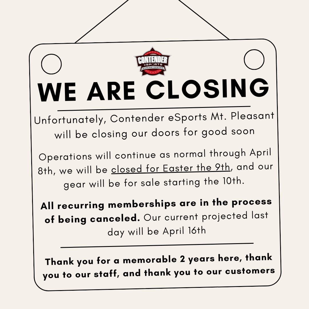 If you haven't seen our email yet, Contender MtP will be closing its doors soon. Everything is for sale starting Monday the 10th. It is first come first serve with priority to regulars. No gear will be reserved before the 10th. All pcs will need storage installed and Windows OS