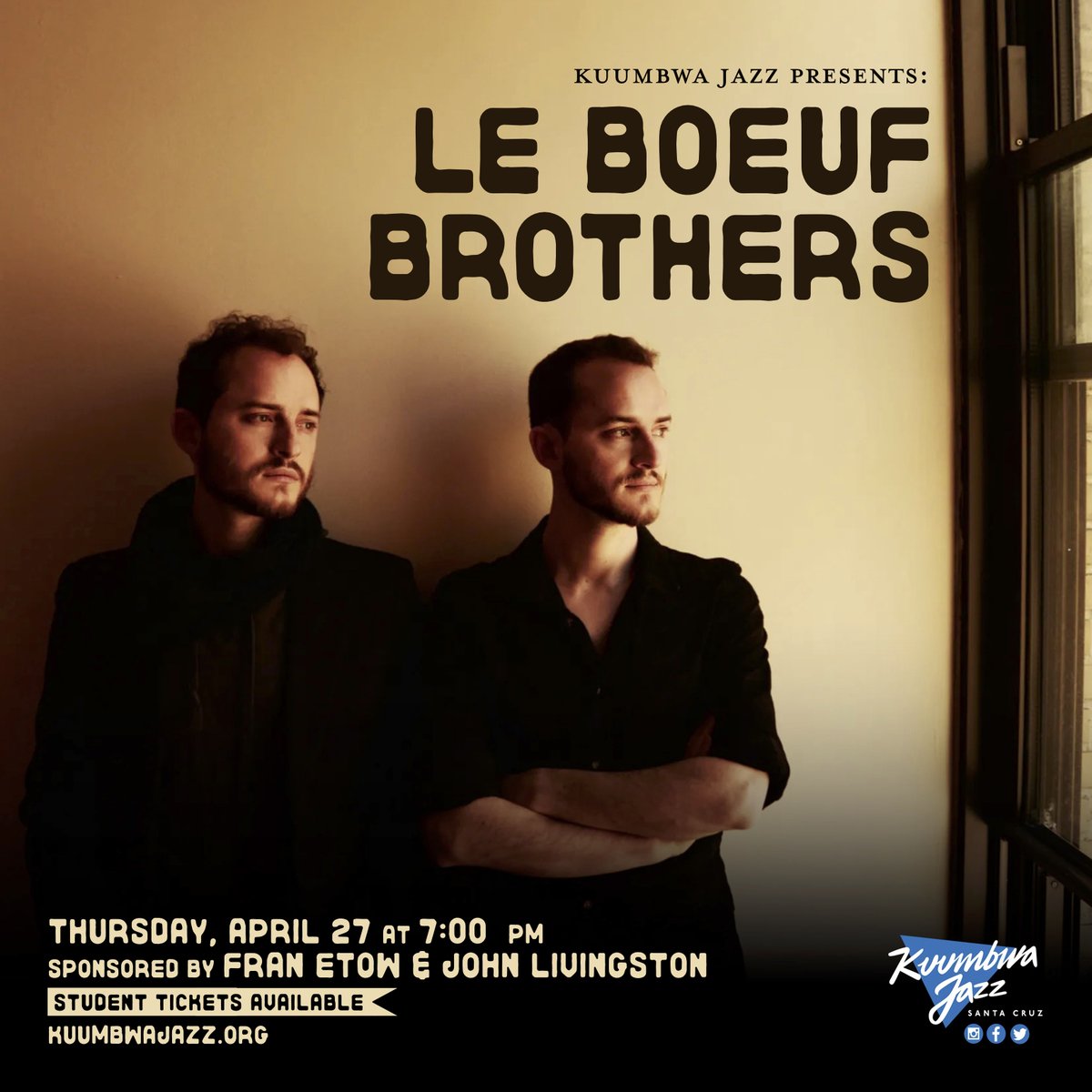 We're counting down 'til the <a href="/LEBOEUFBROTHERS/">LE BOEUF BROTHERS</a>' return to Kuumbwa! Join us on April 27th, as Remy and Pascal (alums of the Kuumbwa Jazz Honor Band) present music from their new album, Hush. Student tickets available! 

🎟️🎟️: bit.ly/3KEkPNS