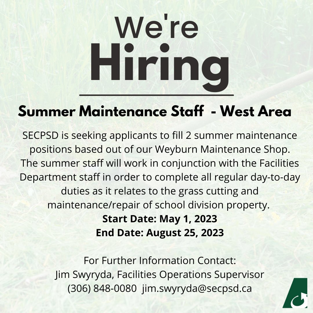 We're hiring 2 summer maintenance staff positions based out of our Weyburn Maintenance Shop. For more information and application details visit: bit.ly/3KP9jiQ