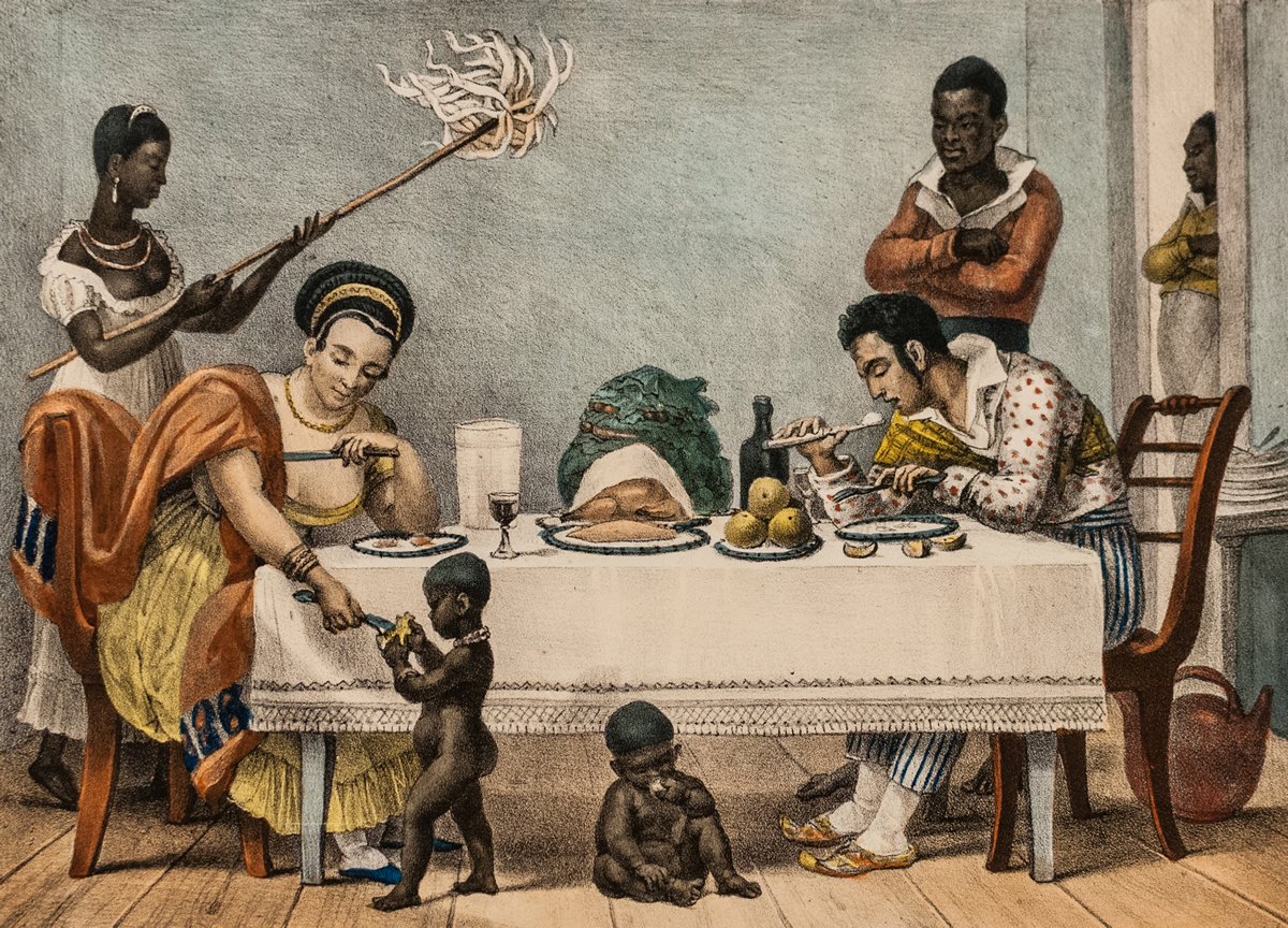 Telascanto4's tweet photo. #Telascanto | #Arte  El 18 de abril de 1768 nació el pintor francés Jean Baptiste #Debret. Aunque fue un pintor favorecido por la corte, en su estadía en #Brasil se interesó por la vida de esclavos y negros. Vean algunas de sus obras 🧐📜 ➡️    La cena   1839 #FelizMartes https://t.co/Tk7eZUB95B