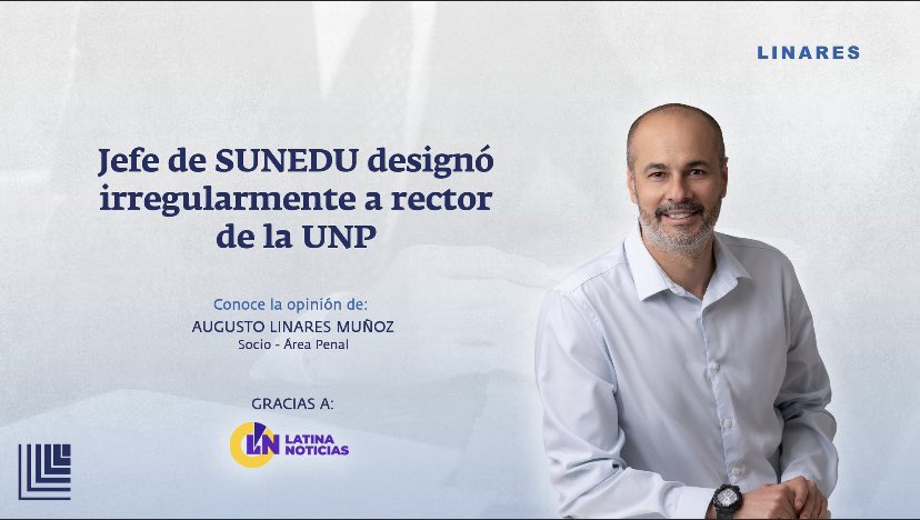 Conoce la opinión de Augusto Linares , Socio del área penal en Linares Abogados  en el reportaje "Jefe de SUNEDU designó irregularmente a rector de la UNP" Ve más detalle gracias a Latina noticias en el siguiente link: youtu.be/ldTdfTtC6e0
.
.
#LinaresAbogados #SUNEDU #UNP