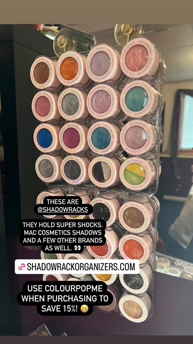 Looking for a way to display your <a href="/colourpopco/">ColourPop Cosmetics</a> super shock shadows? Check out Shadow Racks! 

Use code COLOURPOPME for 15% off 👀 on both their website and their Etsy shop! 

shadowrackorganizers.com

etsy.com/shop/ShadowRac…