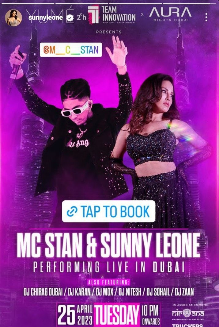 Sunny Leone & MC Stan in Dubai Tickets, 2023 Performing Live
