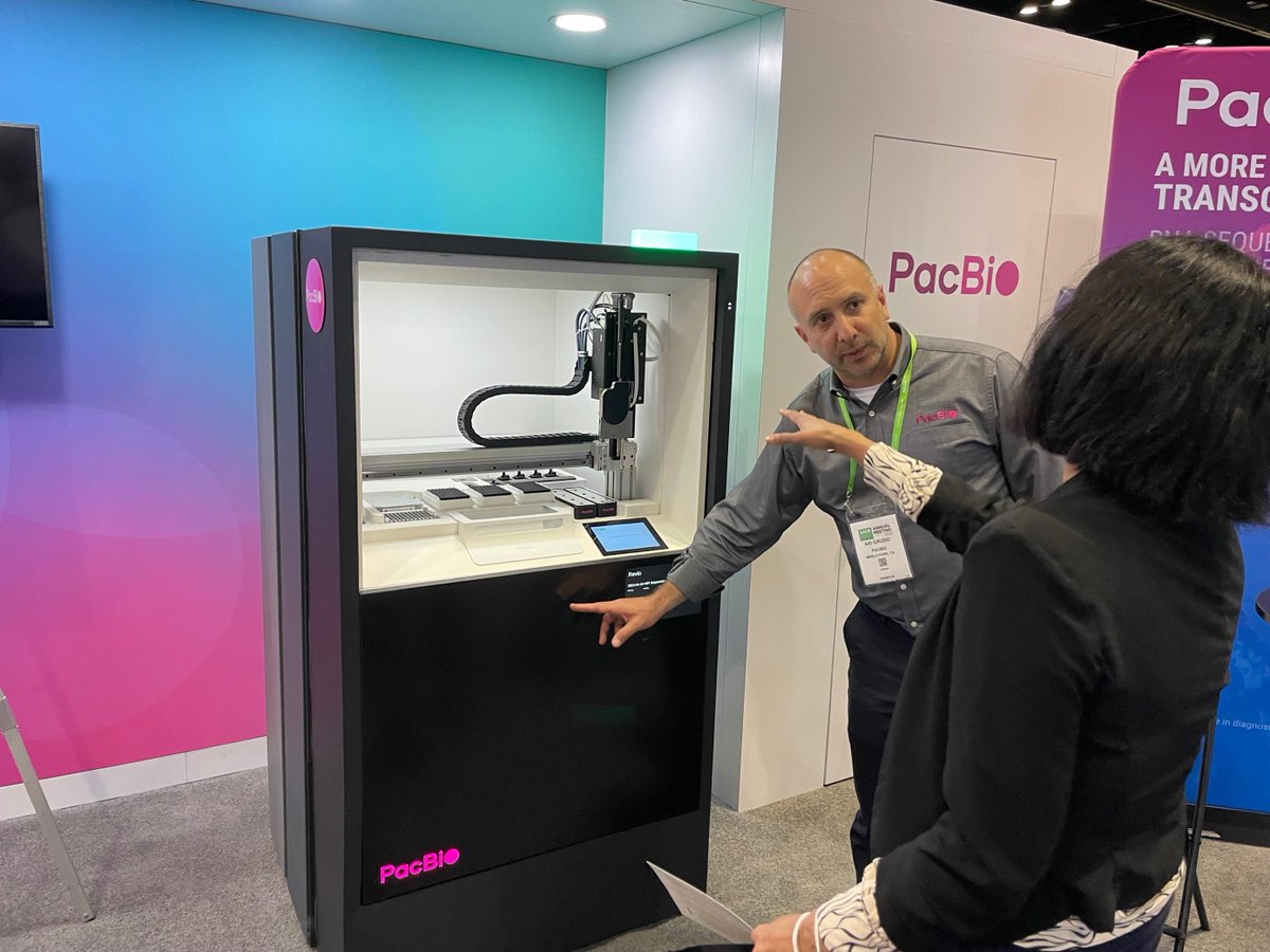 PacBio's tweet photo. We love seeing all the great conversations happening at our #AACR23 booth! Stop by Booth #958 to chat with #PacBio staff, get all your questions answered, and demo our new #Revio and #Onso sequencing systems live.