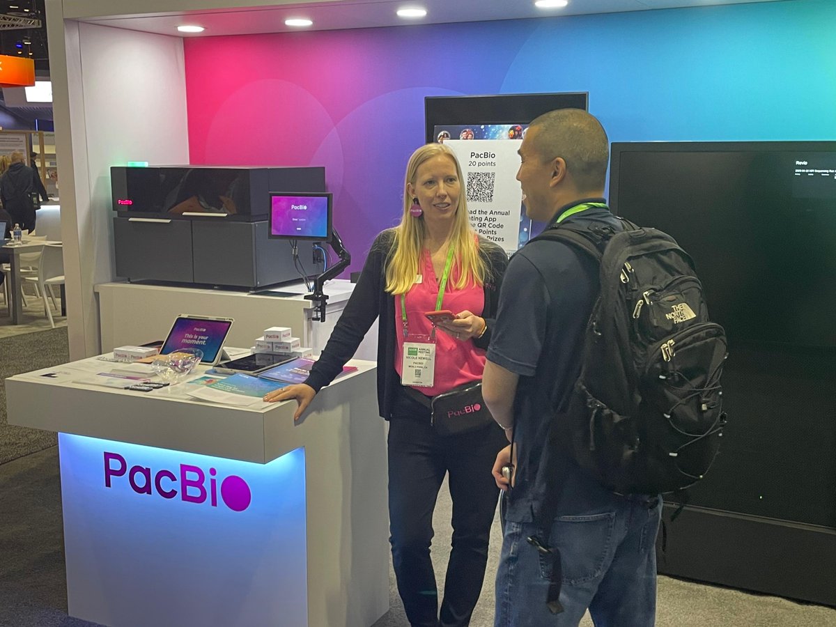PacBio's tweet photo. We love seeing all the great conversations happening at our #AACR23 booth! Stop by Booth #958 to chat with #PacBio staff, get all your questions answered, and demo our new #Revio and #Onso sequencing systems live.