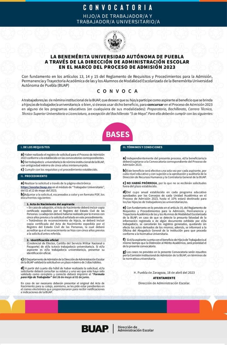 sitbuap's tweet photo. Compañer@s buen día 👋

🛎️ Compartimos la convocatoria de ADMISION ESCOLAR 2023, para trabajadores o hijos de trabajadores  BUAP. https://t.co/BE0Um6qSqW