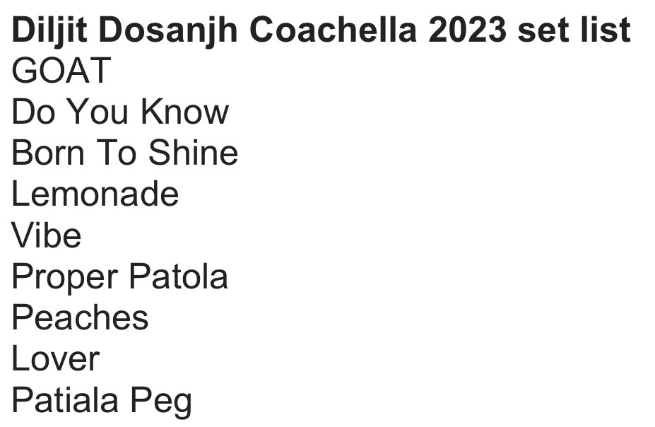 Wasn’t there for @diljitdosanjh’s history making @coachella performance but I watched the (rebroadcast of the) livestream and of course, I took down the set list. #Indiatotheworld