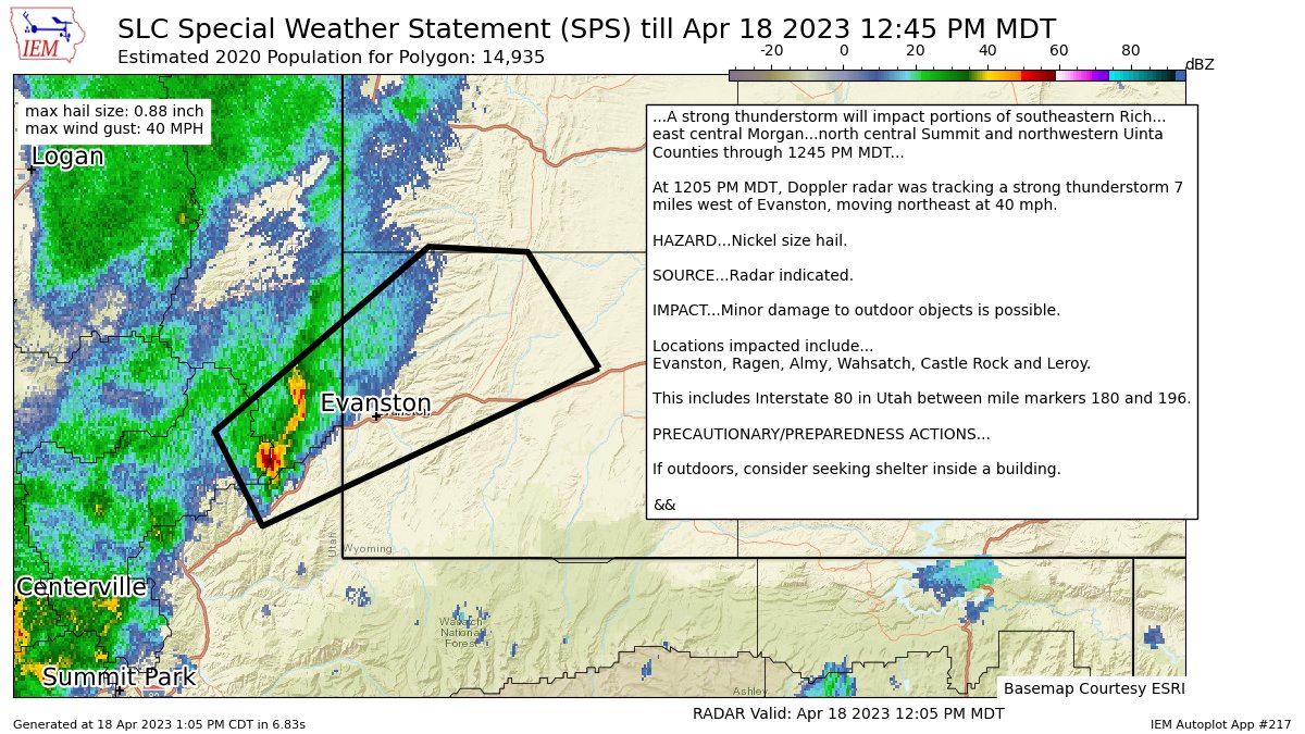 A strong thunderstorm will impact portions of southeastern Rich, east central Morgan, north central Summit and northwestern Uinta Counties through 1245 PM MDT [wind: <40 MPH, hail: 0.88 IN] for Bear Lake and Bear River Valley, Wasatch Mountains I... mesonet.agron.iastate.edu/p.php?pid=2023…