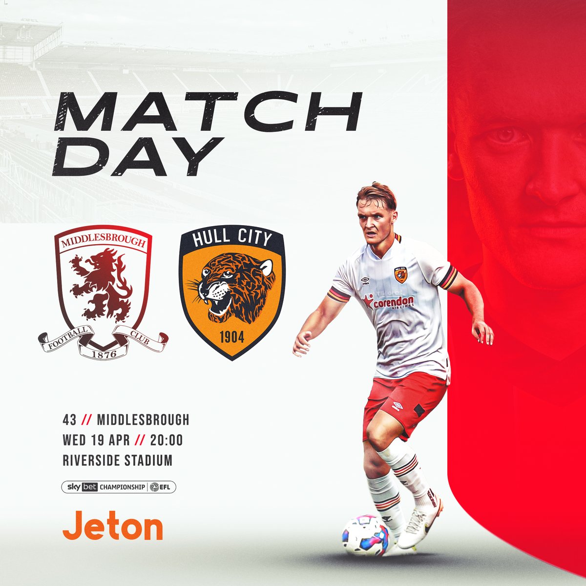 HullCity's tweet photo. Our penultimate away game of the season! 🙌

🆚 Middlesbrough
🏟️ Riverside Stadium
🏆 @SkyBetChamp 
⌚️ 8pm
#⃣ #MIDHUL

#hcafc | @jetonwallet https://t.co/pZJUNf0gQL