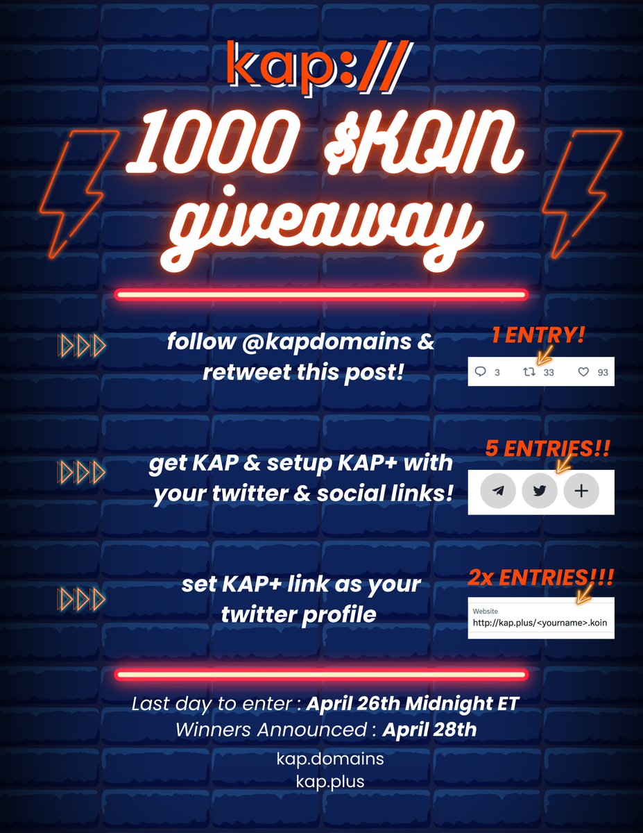 kapdomains's tweet photo. We're giving away 1000 $KOIN to celebrate #KAP's launch on @koinosnetwork mainnet! Here's everything you need to know:

1/3 https://t.co/uMEGP7MmC0