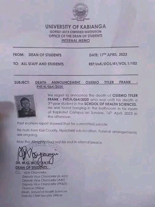 TheManyaraShow's tweet photo. Cases of Comrades committing Suicide has risen.Please check on your friends some may be fighting depression unnoticed.Parents should make sure that they call their children to confirm their wellbeing.

University Of Kabianga Student Osiemo Frank committed Suicide on Sunday.His lifeless body was found hanging in the bathroom on that awful Sunday.

Postmortem revelead that he committed suicide.

Rest in peace Comrade.